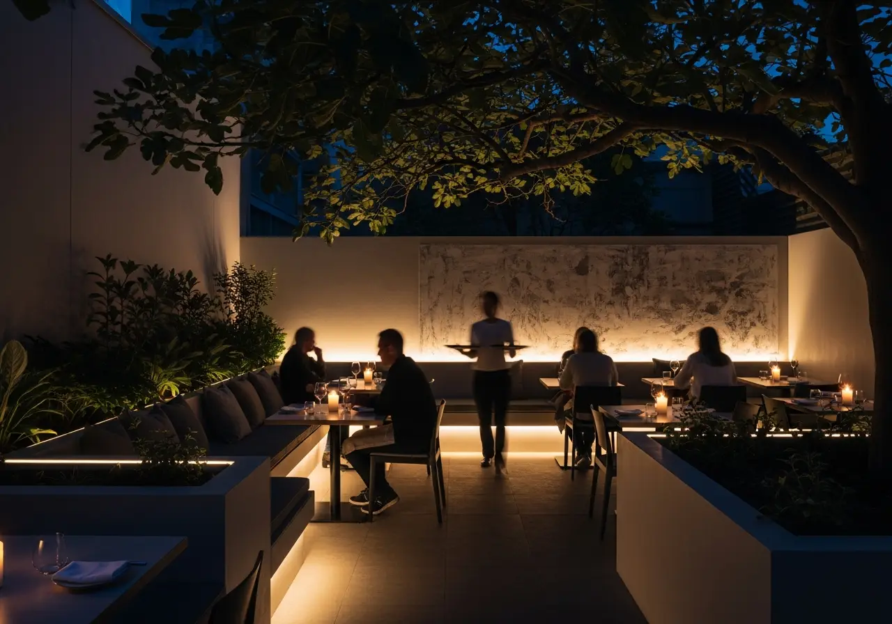 Commercial & Hospitality outdoor LED lighting application at dusk