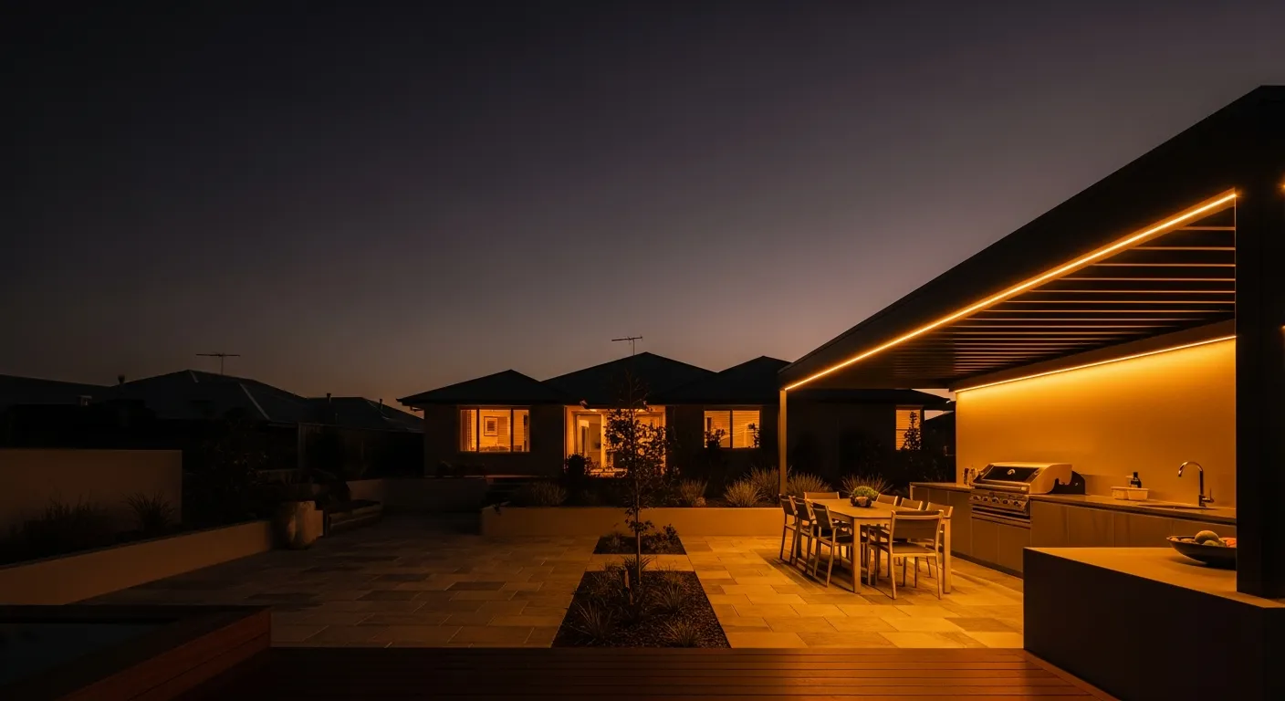 Outdoor alfresco entertaining area at dusk lit with warm amber LED strip lighting