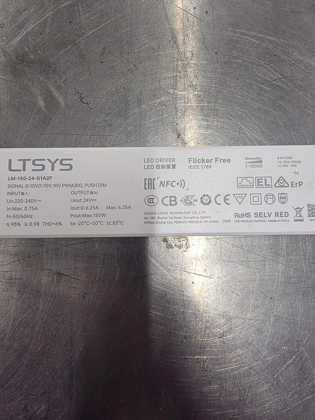 LTECH constant-voltage 24V LED driver labelled Flicker Free to IEEE 1789 with 0–10V and PWM dimming support