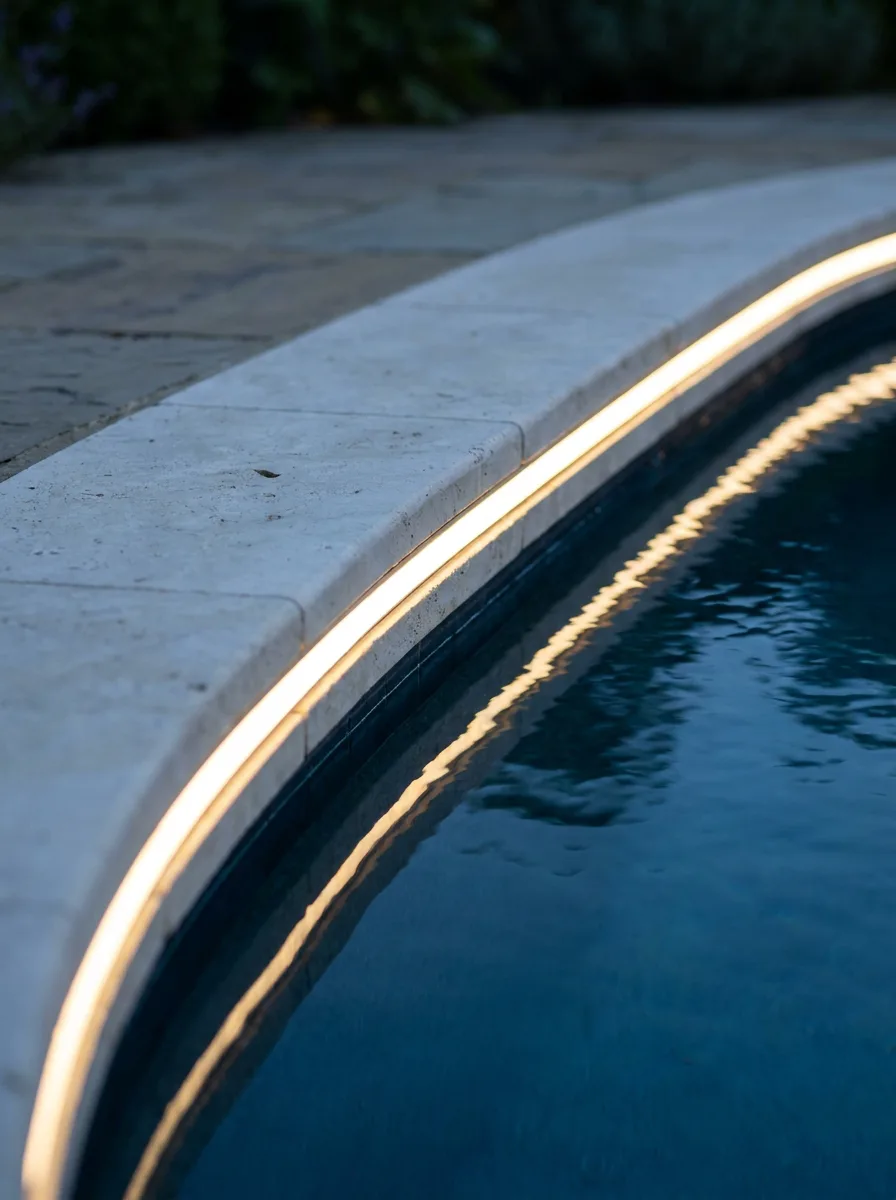 Curved travertine pool installation with continuous LED strip following the pool edge radius