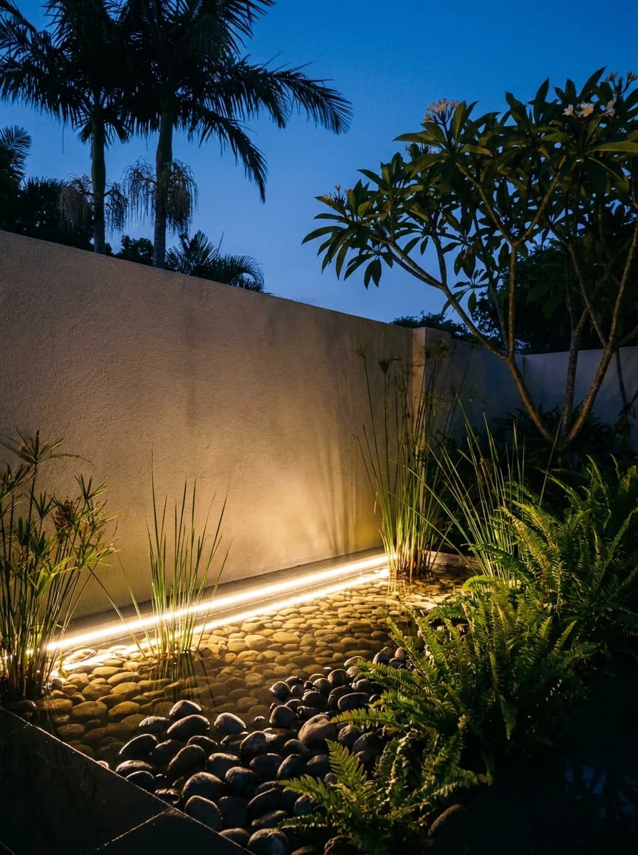 Garden rock bed wall with Orenara LED strip lighting installed along the base, illuminating the rockwork