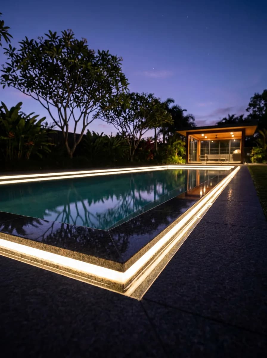 Tropical pool pavilion at dusk with warm Orenara strip lighting along the pool surround