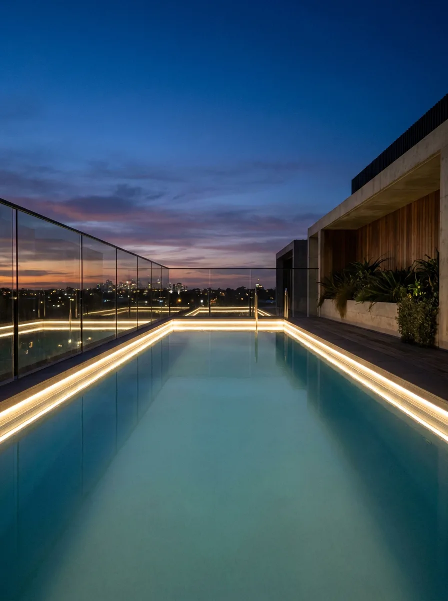 Rooftop pool installation with city skyline — Orenara LED strip lighting integrated into pool coping