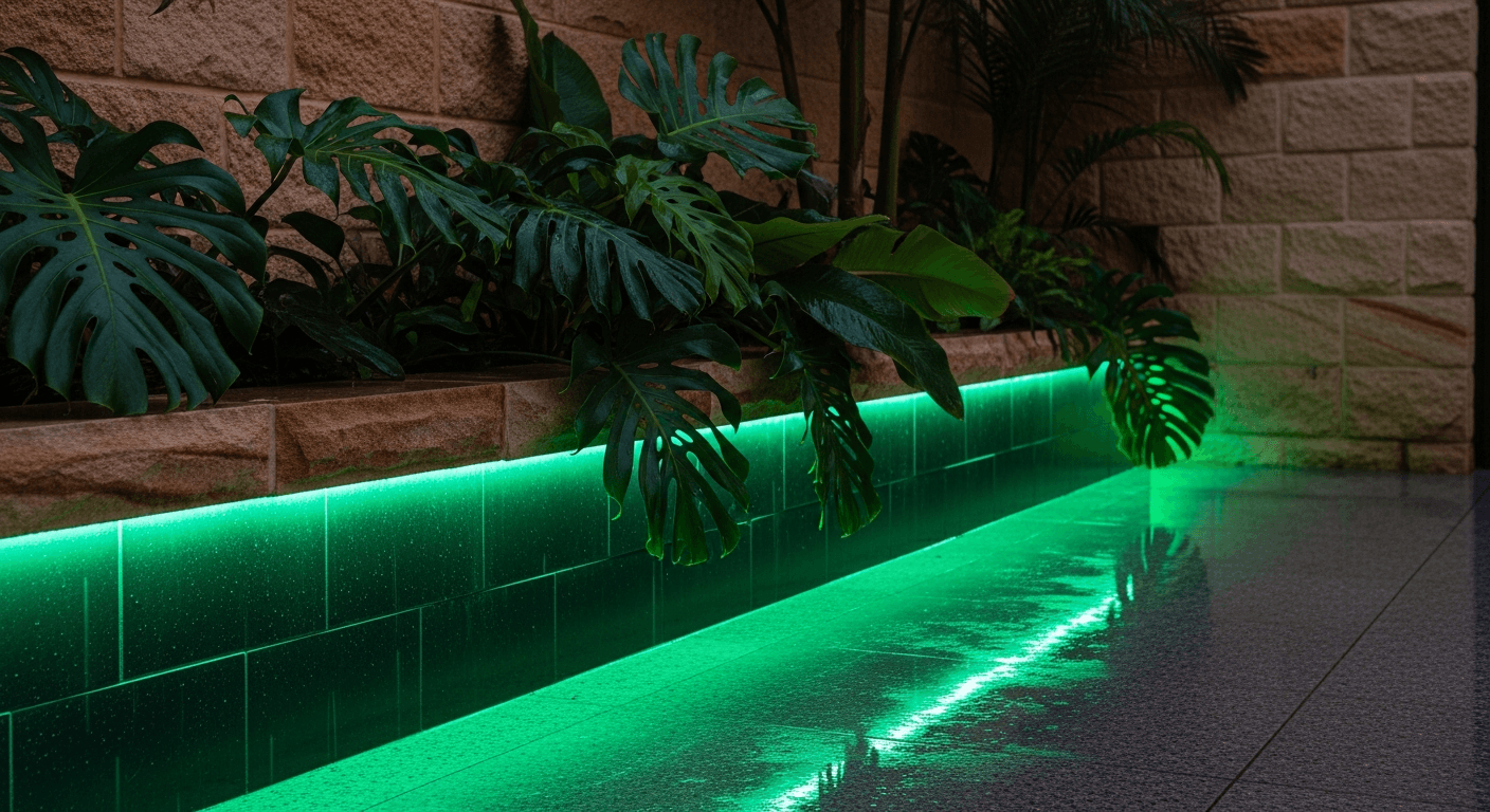 Duskline continuous dot-free LED lighting concealed beneath a sandstone coping, casting an even emerald-green glow over a wet terrazzo path with lush tropical foliage leaning in as rain falls